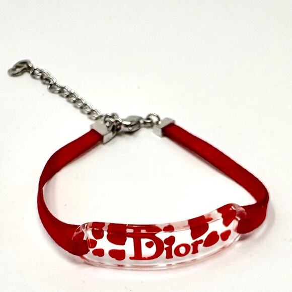 Dior Lucite Heart Logo Bracelet – Red Ribbon – 2004 Pre-Owned Y2K Edition no box - Picture 1 of 3